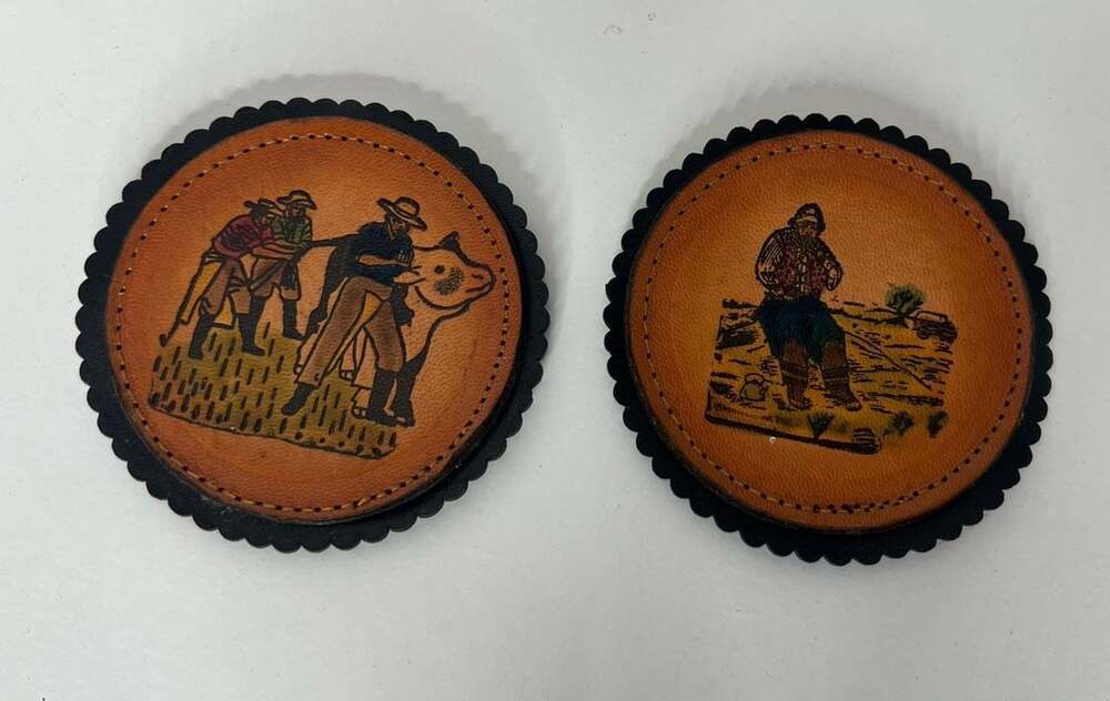 Vintage Hand-Painted Leather Coasters with Western Cowboy Scenes, Set of 2